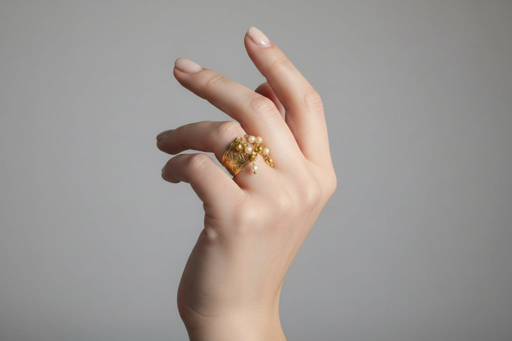 Close-up of a hand wearing a gold ring with gemstones.