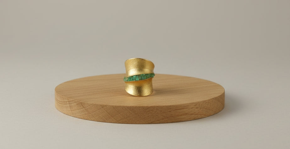 Gold ring with green gemstones on a wooden circle surface.Studio background