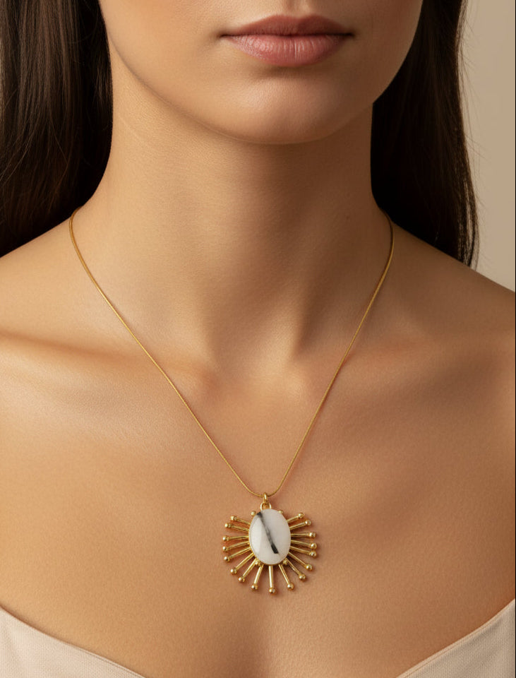 Χειροποίητο Κολιέ με Φυσική Πέτρα & Επιχρυσωμένο Ορείχαλκο – Ατσάλινη Αλυσίδα