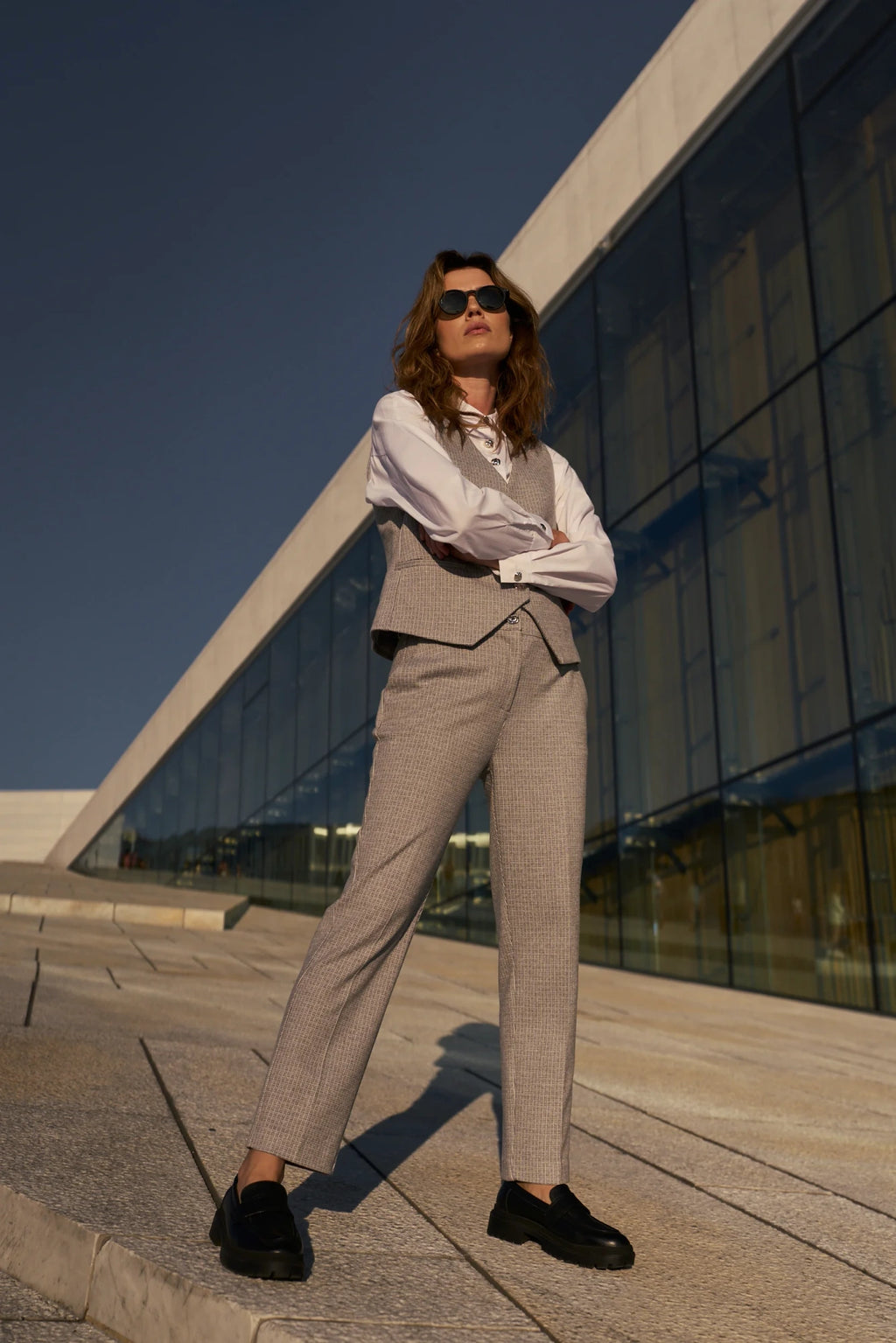 Γυναικείο Ψηλόμεσο Καρό Παντελόνι L. Grey /  Women’s High-Waisted Checkered Trousers L. Grey