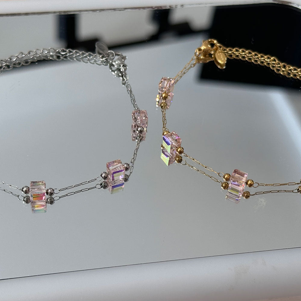 Βραχιόλι Γυναικείο με Ατσάλινη Αλυσίδα & Κρυστάλλινες Ροζ Χάντρες-Women’s Bracelet with Steel Chain & Crystal Beads