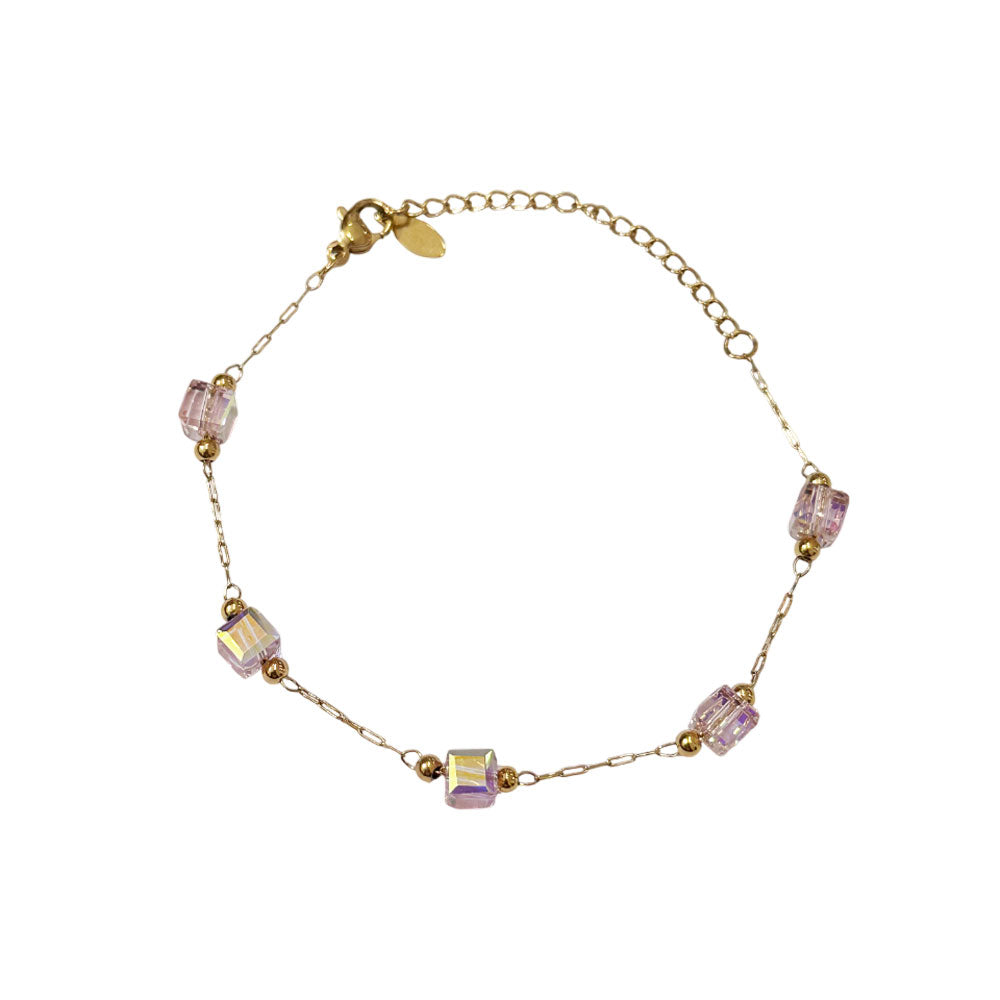 Βραχιόλι Γυναικείο με Ατσάλινη Αλυσίδα & Κρυστάλλινες Ροζ Χάντρες-Women’s Bracelet with Steel Chain & Crystal Beads