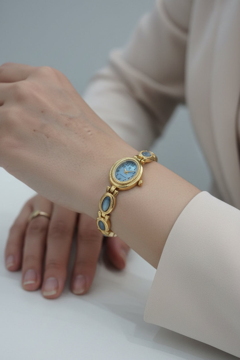Solange Watch | Χρυσό Ρολόι Βραχιόλι με Γκρι-Μπλε Πέτρες