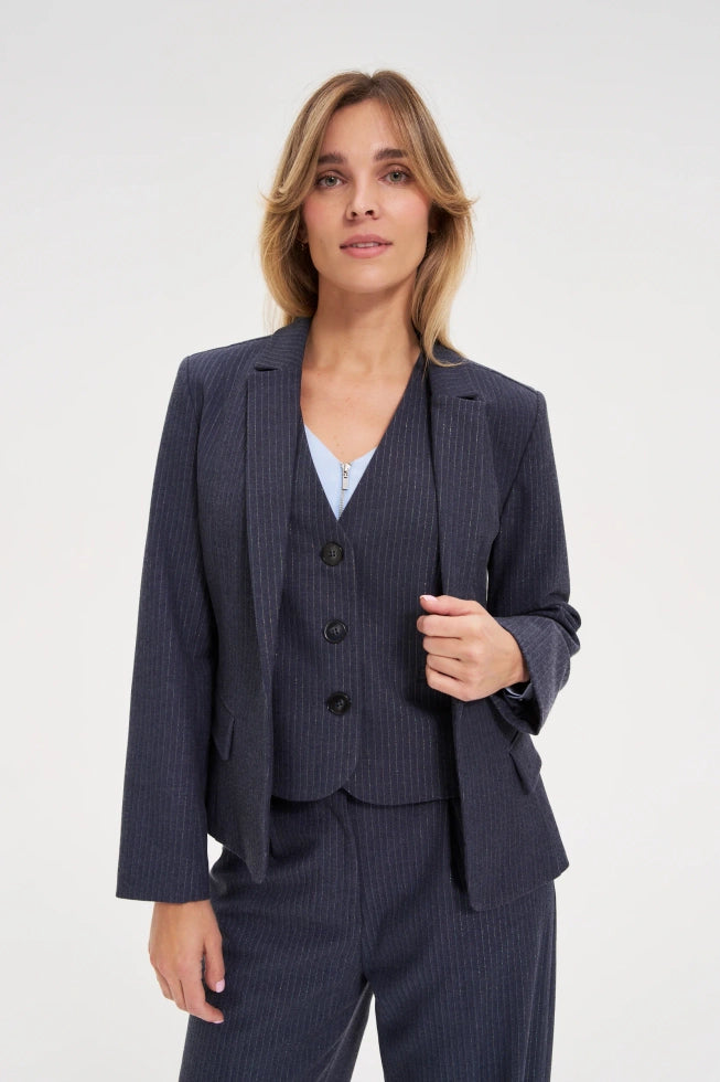 Σακάκι Γυναικείο Μεσάτο με Ρίγες Navy | Women's Mid-Length Jacket with Navy Stripes